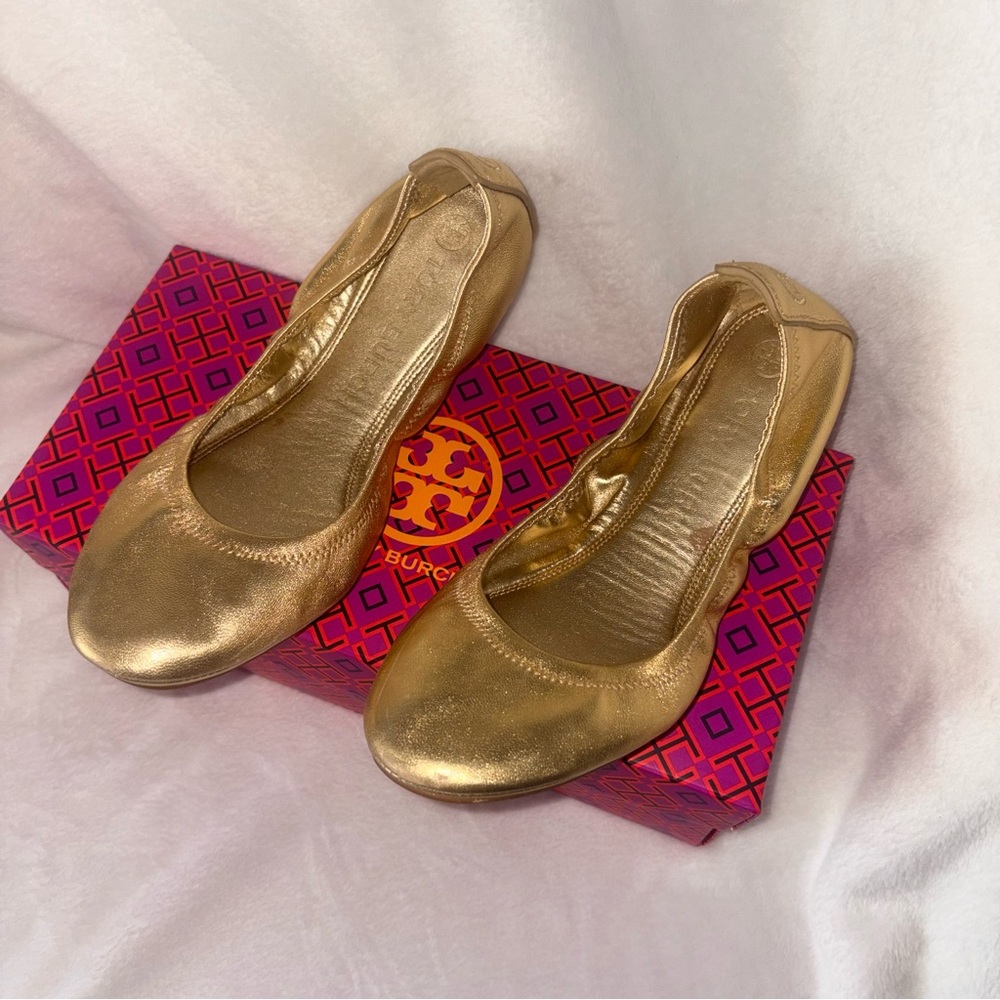 Tory Burch Eddie Gold Metallic Leather Ballet Flats Size 9